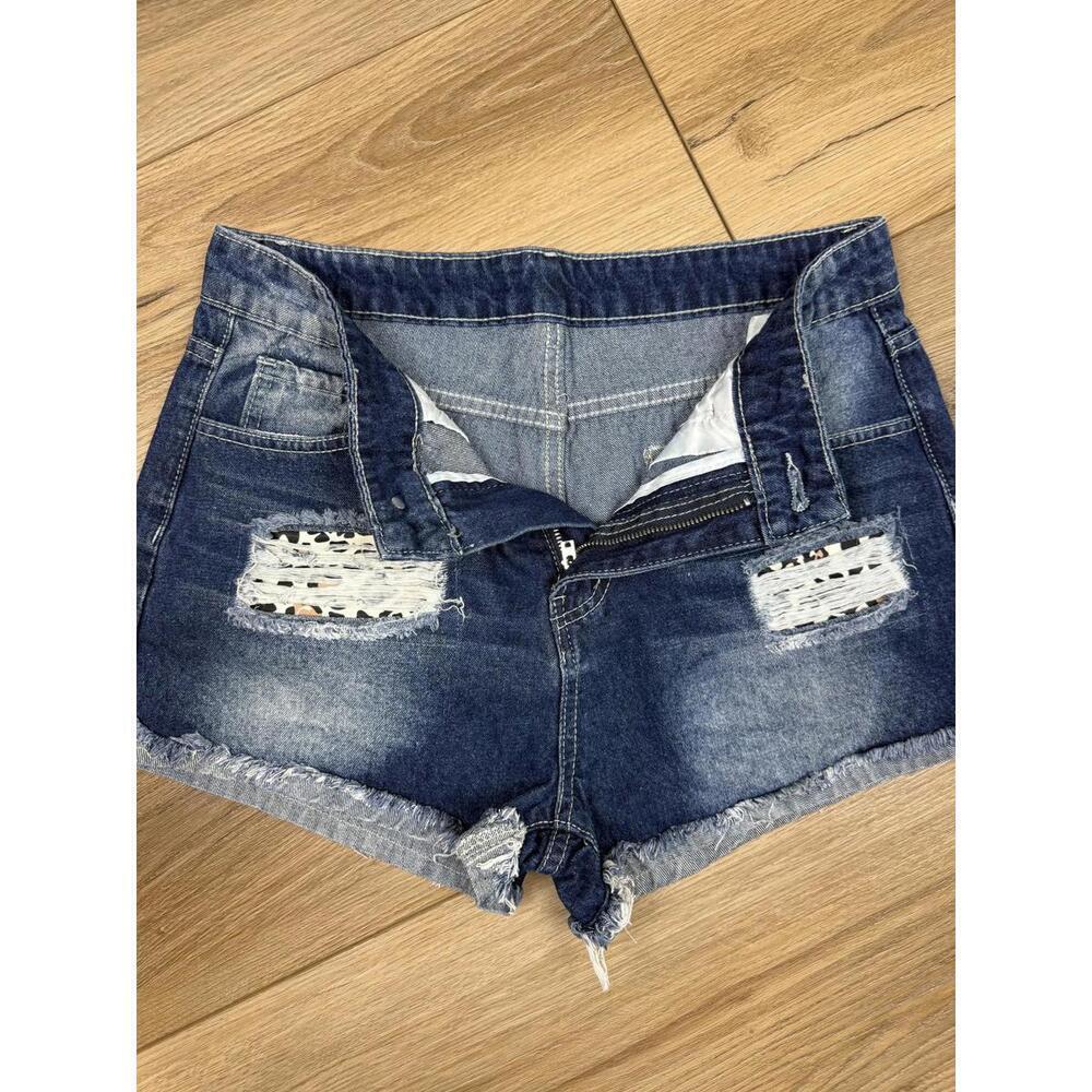 Jean Shorts Womens Large Blue Distressed Cutoff Fringe Hem Animal Print Summer - Picture 3 of 7